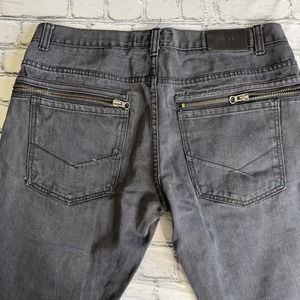 DECIBEL Jeans Mens 38x34 Black Denim Distressed Moto Zipper Slim Straight Fit
